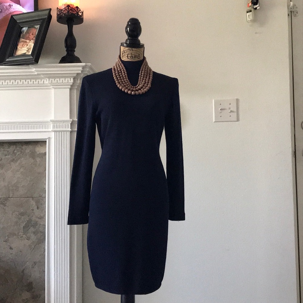 St. John navy blue knit sheath dress